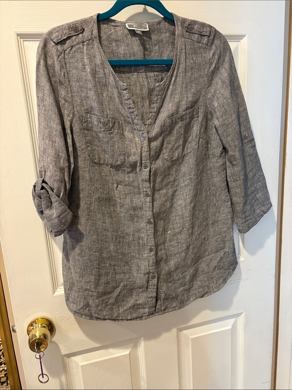 JM Collection Gray Button-Front Linen-Blend Shirt